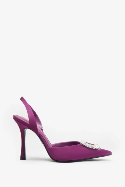 Just A Fling | Purple Satin Sling Back Heels With Diamante Brooches