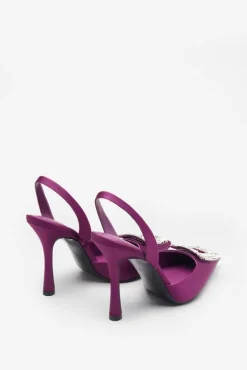 Just A Fling | Purple Satin Sling Back Heels With Diamante Brooches