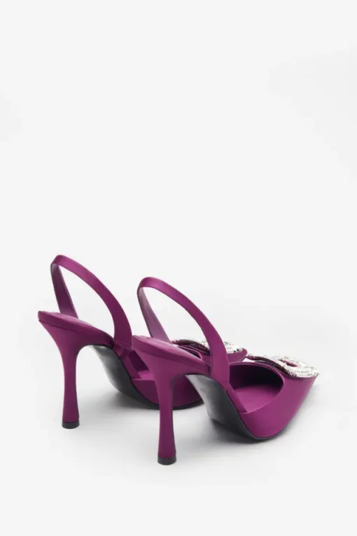 Just A Fling | Purple Satin Sling Back Heels With Diamante Brooches