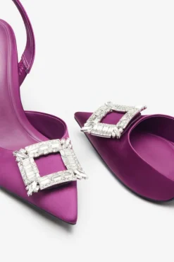 Just A Fling | Purple Satin Sling Back Heels With Diamante Brooches