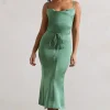 Just A Moment | Soft Green Satin Cowl-Neck Midi Dress With Tie Waist