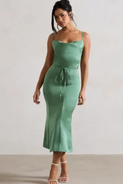 Just A Moment | Soft Green Satin Cowl-Neck Midi Dress With Tie Waist