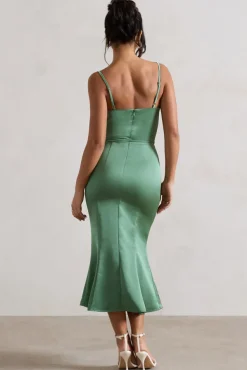 Just A Moment | Soft Green Satin Cowl-Neck Midi Dress With Tie Waist