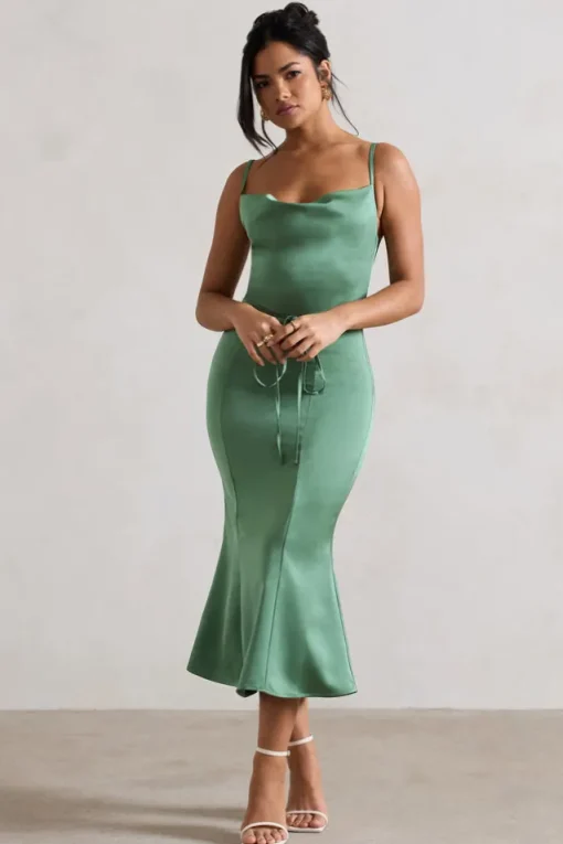 Just A Moment | Soft Green Satin Cowl-Neck Midi Dress With Tie Waist