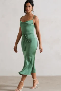 Just A Moment | Soft Green Satin Cowl-Neck Midi Dress With Tie Waist