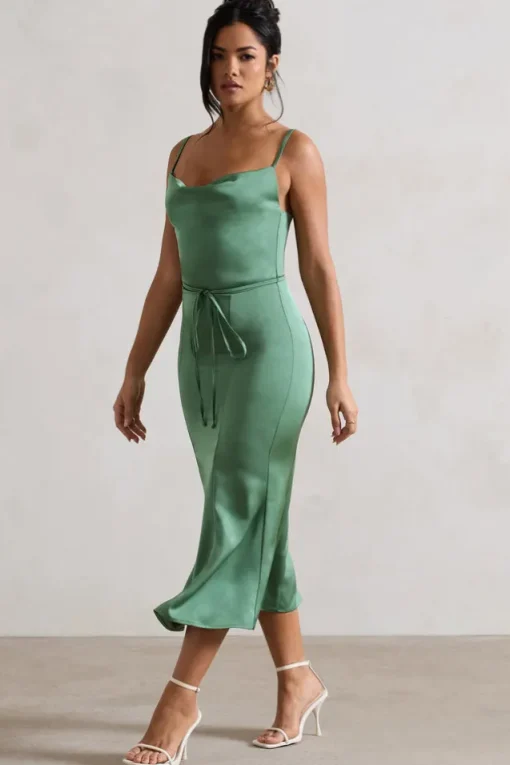 Just A Moment | Soft Green Satin Cowl-Neck Midi Dress With Tie Waist