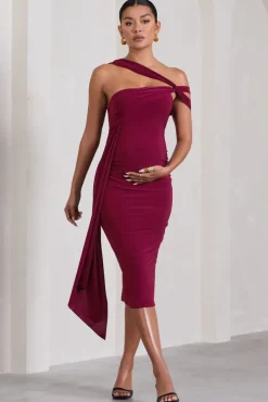 Just Wait | Berry Asymmetric Strappy Maternity Midi Dress With Drape