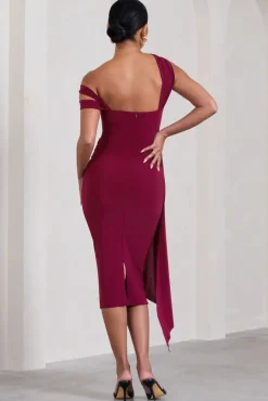 Just Wait | Berry Asymmetric Strappy Maternity Midi Dress With Drape