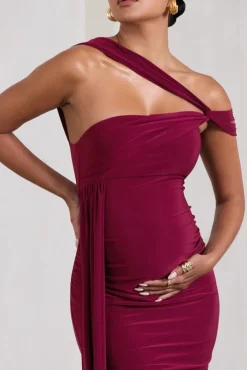 Just Wait | Berry Asymmetric Strappy Maternity Midi Dress With Drape