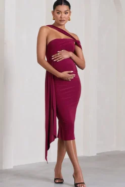 Just Wait | Berry Asymmetric Strappy Maternity Midi Dress With Drape