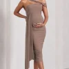 Just Wait | Mocha Asymmetric Strappy Maternity Midi Dress With Drape