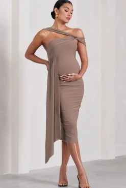 Just Wait | Mocha Asymmetric Strappy Maternity Midi Dress With Drape