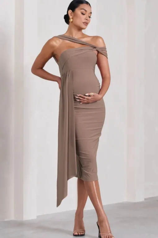 Just Wait | Mocha Asymmetric Strappy Maternity Midi Dress With Drape