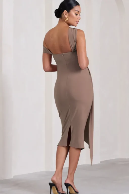 Just Wait | Mocha Asymmetric Strappy Maternity Midi Dress With Drape