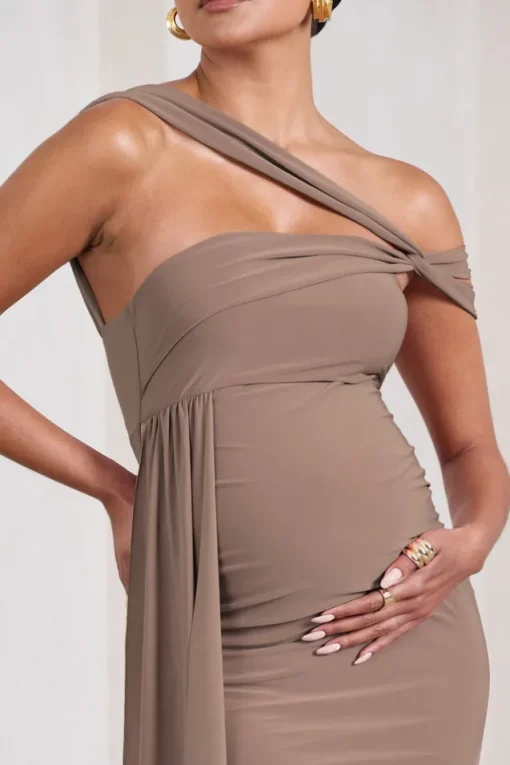 Just Wait | Mocha Asymmetric Strappy Maternity Midi Dress With Drape