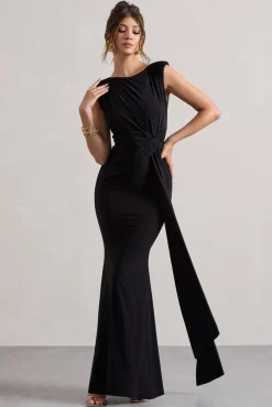 Kadie | Black Sleeveless Gathered Maxi Dress With Drape