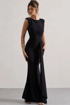 Kadie | Black Sleeveless Gathered Maxi Dress With Drape