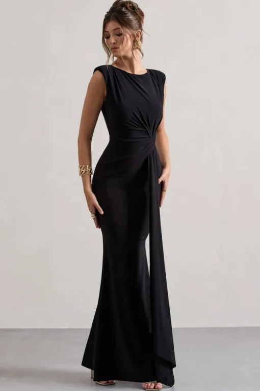 Kadie | Black Sleeveless Gathered Maxi Dress With Drape