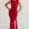 Kadie | Red Sleeveless Gathered Maxi Dress With Drape