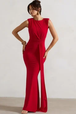 Kadie | Red Sleeveless Gathered Maxi Dress With Drape