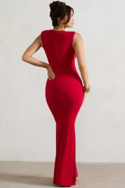 Kadie | Red Sleeveless Gathered Maxi Dress With Drape