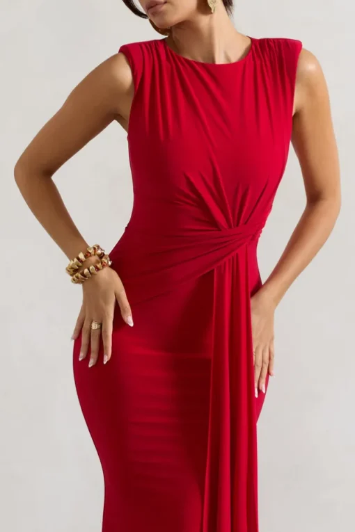 Kadie | Red Sleeveless Gathered Maxi Dress With Drape