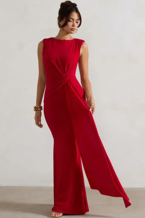 Kadie | Red Sleeveless Gathered Maxi Dress With Drape
