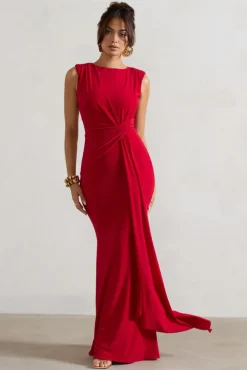 Kadie | Red Sleeveless Gathered Maxi Dress With Drape