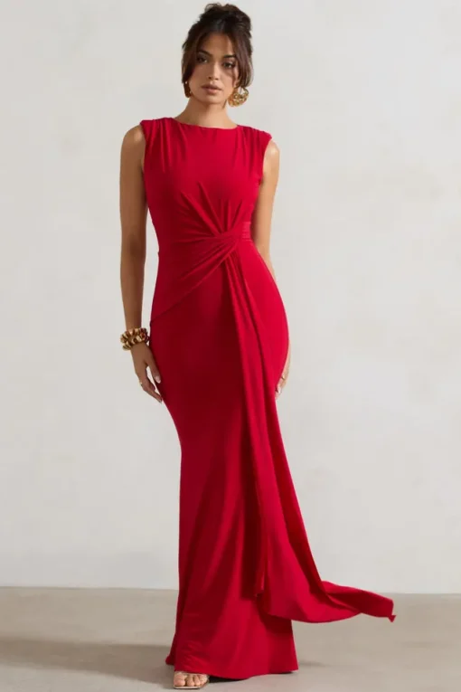 Kadie | Red Sleeveless Gathered Maxi Dress With Drape