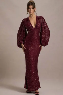 Kaelin | Berry Sequin Plunge-Neck Maxi Dress