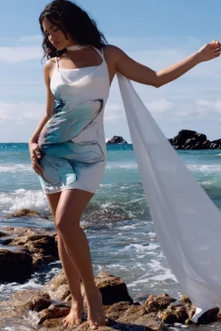 Kahali | White Print Cowl-Neck Open-Back Mini Dress With Scarf