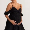 Kai | Black Cami Babydoll Maternity Mini Dress With Ruffle Cold Shoulder Sleeves