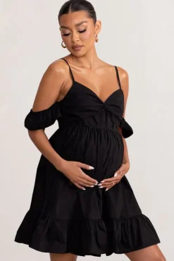 Kai | Black Cami Babydoll Maternity Mini Dress With Ruffle Cold Shoulder Sleeves