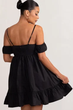 Kai | Black Cami Babydoll Maternity Mini Dress With Ruffle Cold Shoulder Sleeves