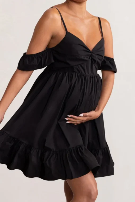Kai | Black Cami Babydoll Maternity Mini Dress With Ruffle Cold Shoulder Sleeves