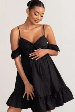 Kai | Black Cami Babydoll Maternity Mini Dress With Ruffle Cold Shoulder Sleeves