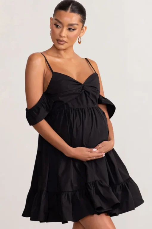 Kai | Black Cami Babydoll Maternity Mini Dress With Ruffle Cold Shoulder Sleeves