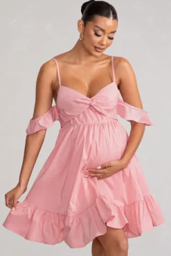 Kai | Blush Cami Babydoll Maternity Mini Dress With Ruffle Cold Shoulder Sleeves