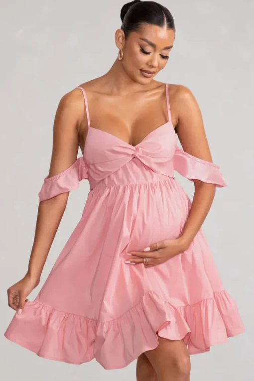 Kai | Blush Cami Babydoll Maternity Mini Dress With Ruffle Cold Shoulder Sleeves