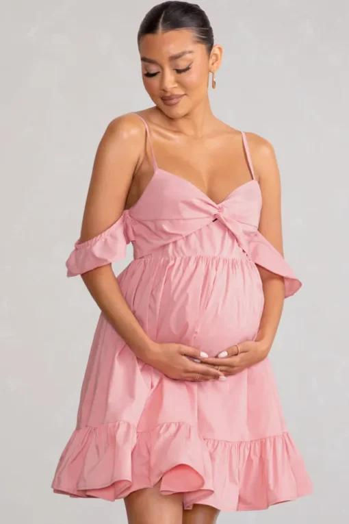 Kai | Blush Cami Babydoll Maternity Mini Dress With Ruffle Cold Shoulder Sleeves