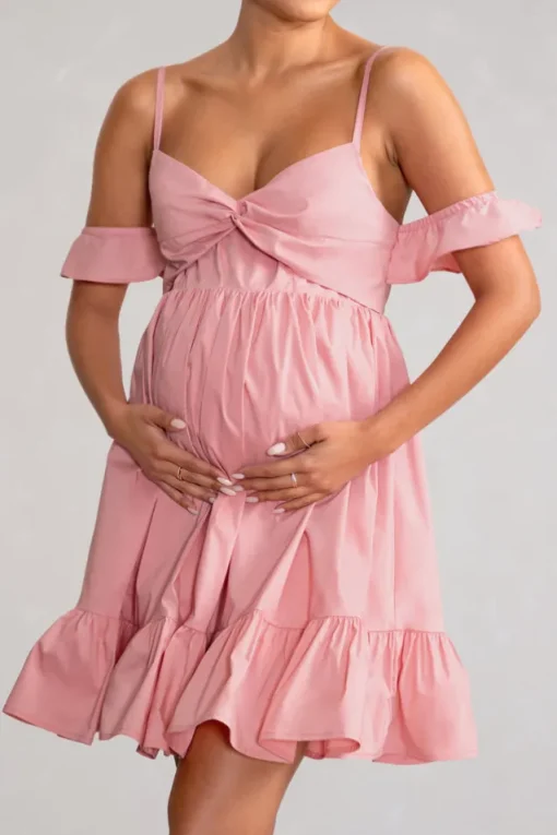 Kai | Blush Cami Babydoll Maternity Mini Dress With Ruffle Cold Shoulder Sleeves
