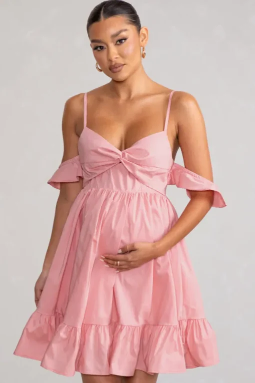 Kai | Blush Cami Babydoll Maternity Mini Dress With Ruffle Cold Shoulder Sleeves
