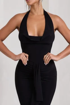 Kaia | Black Ruched Cowl-Neck Maxi Dress With Drape