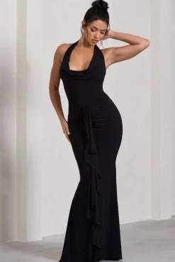 Kaia | Black Ruched Cowl-Neck Maxi Dress With Drape
