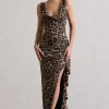 Kaida | Leopard Print Cowl-Neck Ruffled Split Maxi Dress