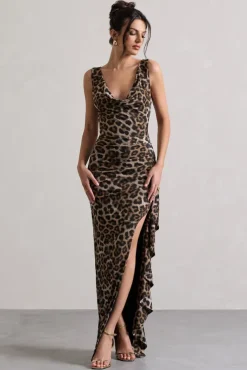 Kaida | Leopard Print Cowl-Neck Ruffled Split Maxi Dress