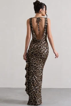 Kaida | Leopard Print Cowl-Neck Ruffled Split Maxi Dress