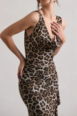 Kaida | Leopard Print Cowl-Neck Ruffled Split Maxi Dress