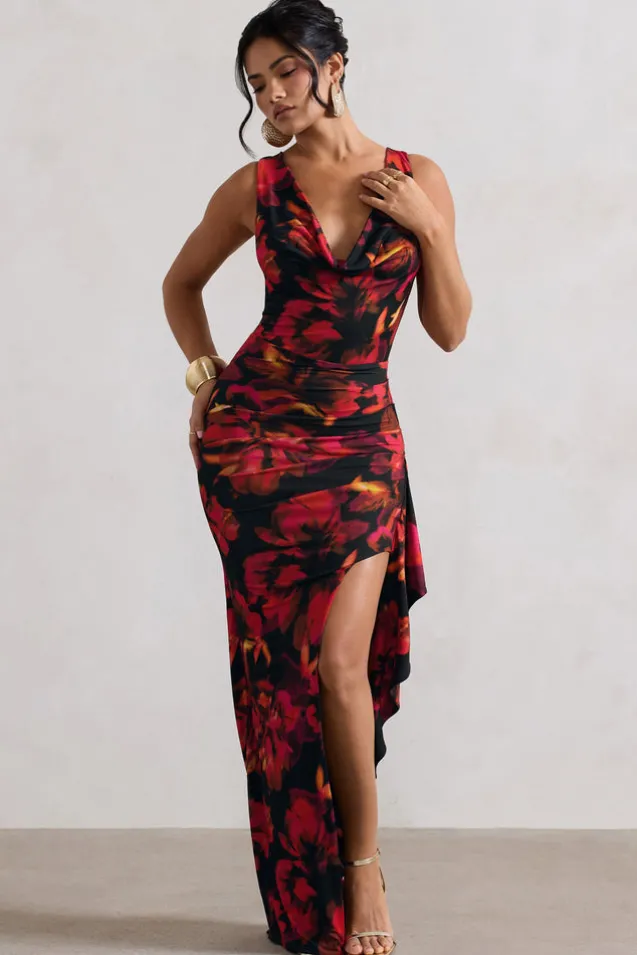 Kaida | Red Floral Print Cowl-Neck Ruffled Split Maxi Dress