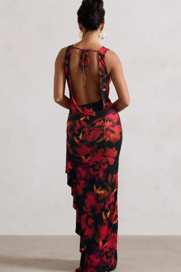 Kaida | Red Floral Print Cowl-Neck Ruffled Split Maxi Dress